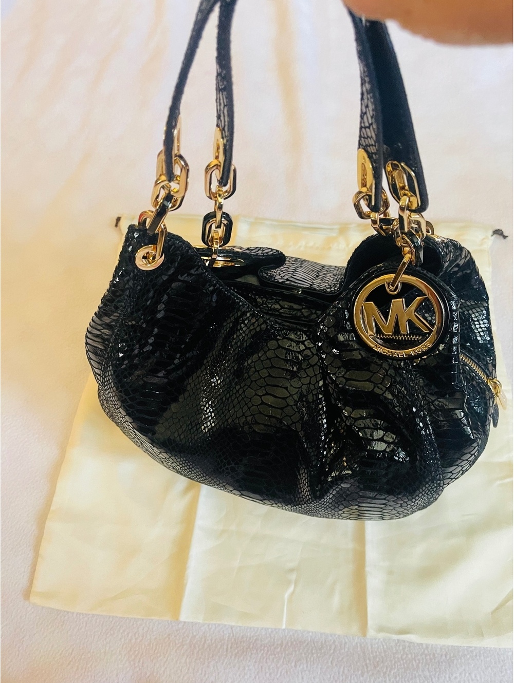 Michael Kors Black Patent Leather Snake-Embossed Shoulder Bag